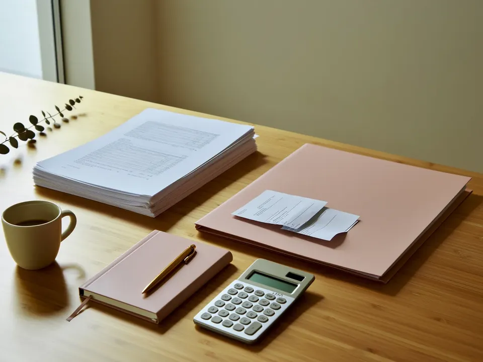 Schreibtisch mit Steuerunterlagen, Ordner, Taschenrechner und Kaffeetasse im Tageslicht
